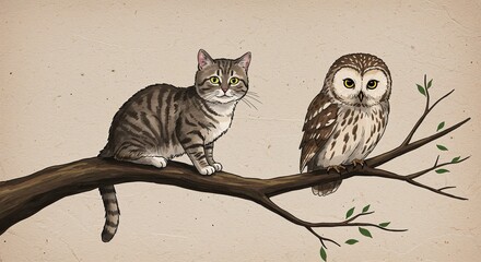 illustration of cat and owl sitting on a branch