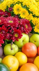 Vibrant Red and Yellow Flowers with Colorful Fruit Still Life