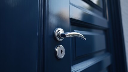 Close up view of a stylish modern door handle on a dark blue contemporary entrance door