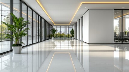 Fototapeta premium Modern office space, shiny floors, lots of light & plants
