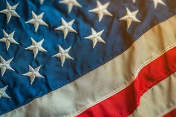 American flag on blurred background symbolizing national holiday with available space for content