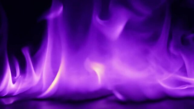 Close-up cinematic shot of glowing purple flames, abstract burning fire with fluid motion and vibrant violet glow, looped animation for backgrounds or effects