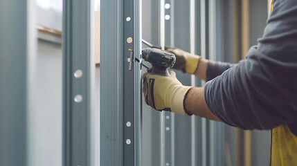 Construction Worker Using Drill on Metal Frame