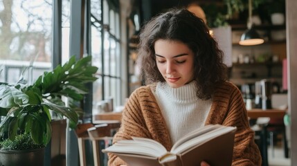 A student reading a philosophy book in a modern coffee shop --ar 16:9 --v 6.1 Job ID: d6fd484f-f1ef-461f-9730-e43afc8e84aa