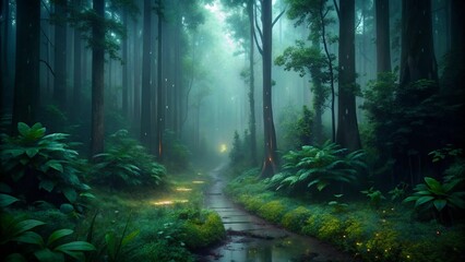 Obraz premium A narrow forest trail in the middle of a rainy day, with droplets on green leaves and mist rising from the ground. Moody atmosphere