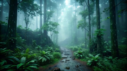 Obraz premium A narrow forest trail in the middle of a rainy day, with droplets on green leaves and mist rising from the ground. Moody atmosphere