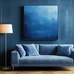 Deep indigo abstract painting displayed in a blue living room.