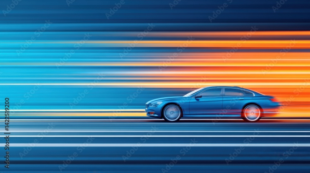 Poster dynamic motion of a blue car racing through a colorful abstract background with speed effect