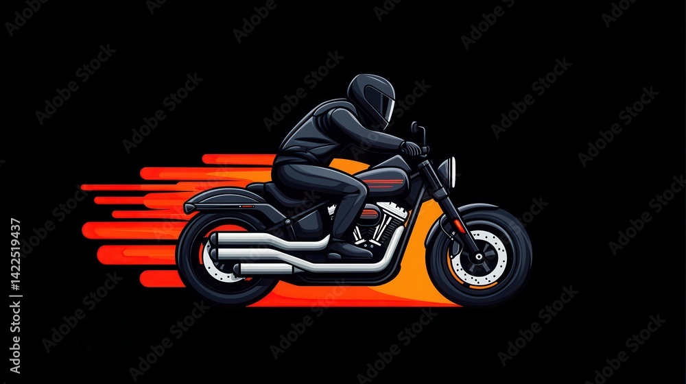Poster dynamic motorcycle rider in motion with blurred background and flames representing speed and power