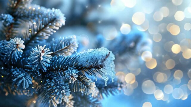 A serene Christmas tree adorned with blue and white decorations set against the backdrop of a snowy forest at nighttime. The warm glow from twinkling lights creates a magical holiday ambiance.