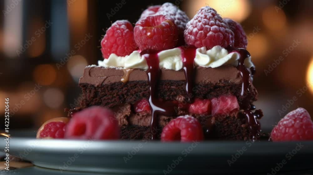 Aufkleber a slice of chocolate cake with raspberries on top. the cake is covered in chocolate and has a raspbe