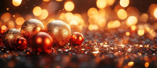 Festive Christmas ornaments on a sparkling background