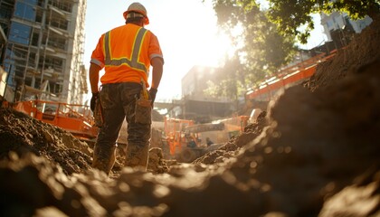 Construction worker observes excavation site
