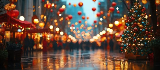 Fototapeta premium Festive City Street at Night with Christmas Tree