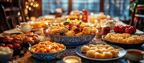 Fototapeta premium Festive Family Dinner Table, Diverse Dishes