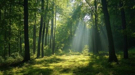 Fototapeta premium Sunlight streams through the lush green trees in the forest