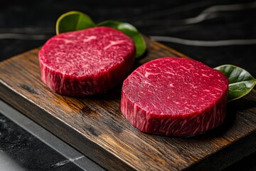 Close up of two raw, marbled eye of round beef steaks on wooden board with dark background