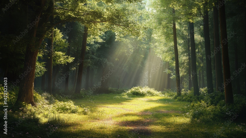 Poster sunlit forest path with beams of light streaking through trees
