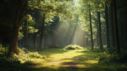 Obraz premium Sunlit Forest Path With Beams of Light Streaking Through Trees