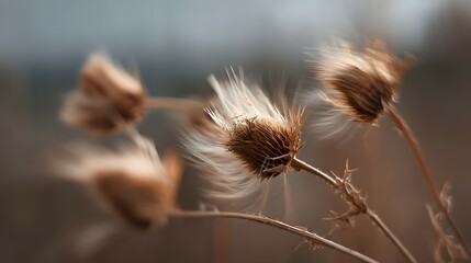 Dried thistle heads gently swaying in a soft breeze.