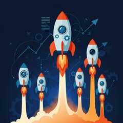 Stylized illustration of a Business Startup Infographic, rockets going up