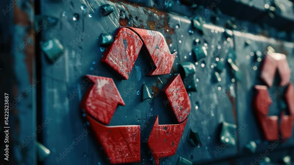 Poster a red triangle with a green arrow pointing to the right. the triangle is surrounded by a blue backgr
