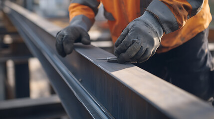 Worker Measuring a Metal Beam in an Industrial Setting
