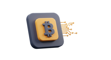 Bitcoin blockchain icon in square button style with circuit lines isolated on white background, perfect for cryptocurrency apps, fintech branding, blockchain tech visuals, and NFT designs