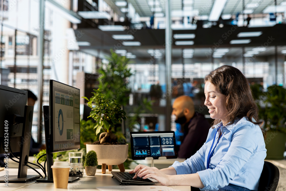 Poster office employee examining performance metrics numbers at the workplace, working on budget analysis a