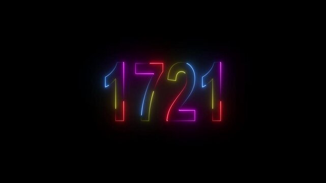 neon sign 1721 ,Four neon color Glowing neon number text background 4k video animation . 1721 title metal text on black alpha channel background