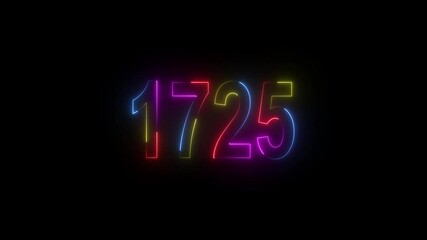 neon sign 1725 ,Four neon color Glowing neon number text background 4k video animation . 1725 title metal text on black alpha channel background