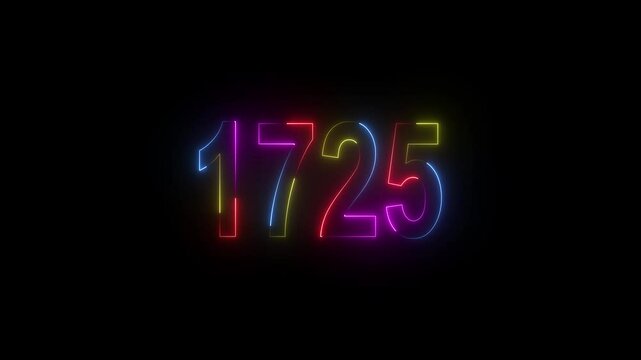 neon sign 1725 ,Four neon color Glowing neon number text background 4k video animation . 1725 title metal text on black alpha channel background