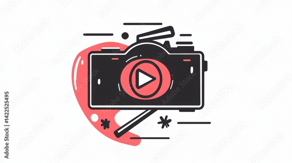 Aufkleber a video camera with a play button, featuring a doodle-like style with hand-drawn lines and a red and