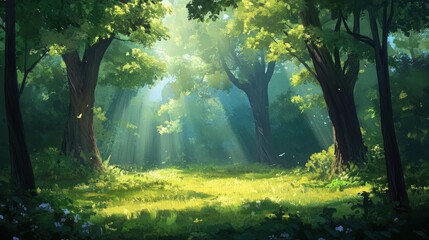 Obraz premium The sunlit forest scene with trees and bright green foliage