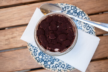 Tiramisu in a jar in close-up
