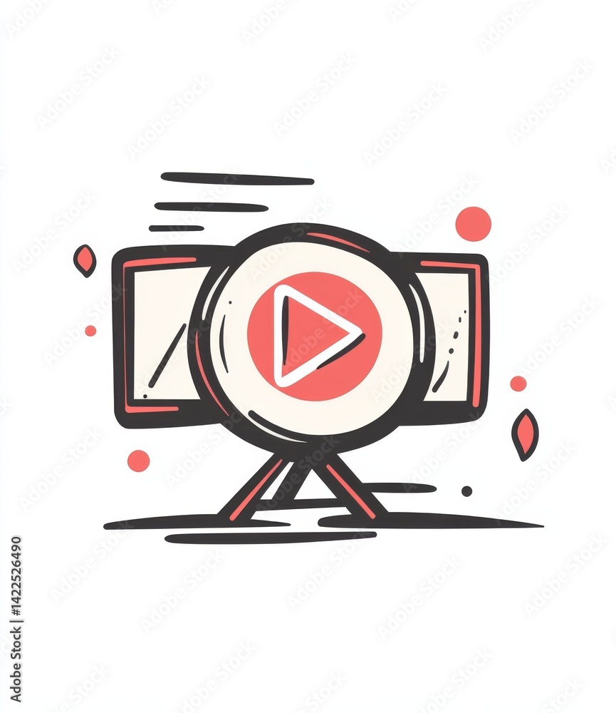 Aufkleber a video camera with a play button, featuring a doodle-like style with hand-drawn lines and a red and