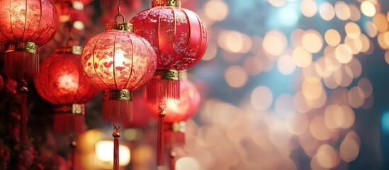 Festive red lanterns illuminate a city street during a celebration