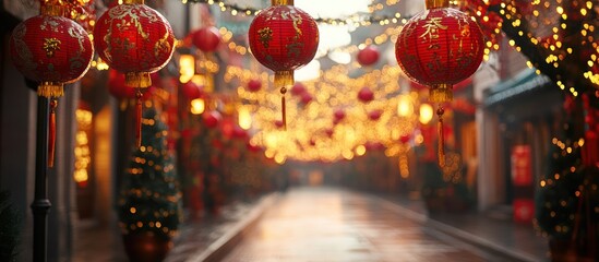 Festive street, red lanterns, holiday lights, Asian alley, celebration