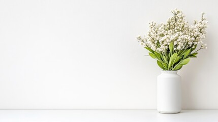 Naklejka premium A white vase filled with delicate white flowers and green leaves on a minimalist white surface, simple and elegant floral arrangement, and indoor setting.