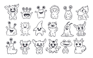 set of cartoon monsters. Cute monsters in doodle style. Kids funny character design for posters, cards, magazins. Line. Vector illustration  © Alina