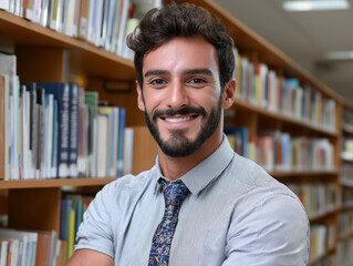 A Portrait of a Smiling Man in his Early 30s, Confident and Approachable, Wearing a Light Blue Button-Down Shirt and a Patterned Tie, in a Serene Library Setting, Embodying Knowledge, Learning, and