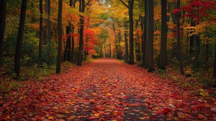 A beautiful path through the colorful autumnal forest scene