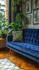 Fototapeta premium Room with blue couch and plants and art prints