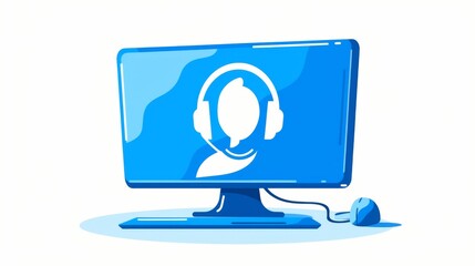  an online video conference icon, featuring a person in front of their computer screen with network connection symbols, set on a blue background