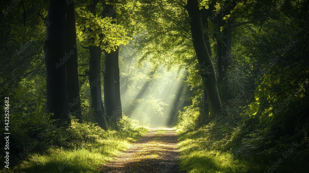 Poster sunlight filters through the forest canopy creating an ethereal ambiance