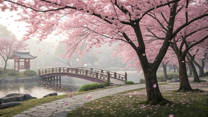 A tranquil spring park filled with pink cherry blossom trees, petals gently falling in the breeze, traditional bridge in the background 