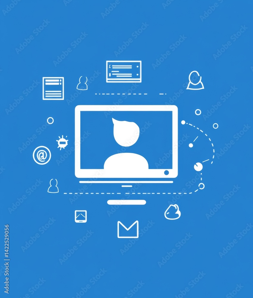 Poster an online video conference icon, featuring a person in front of their computer screen with network c