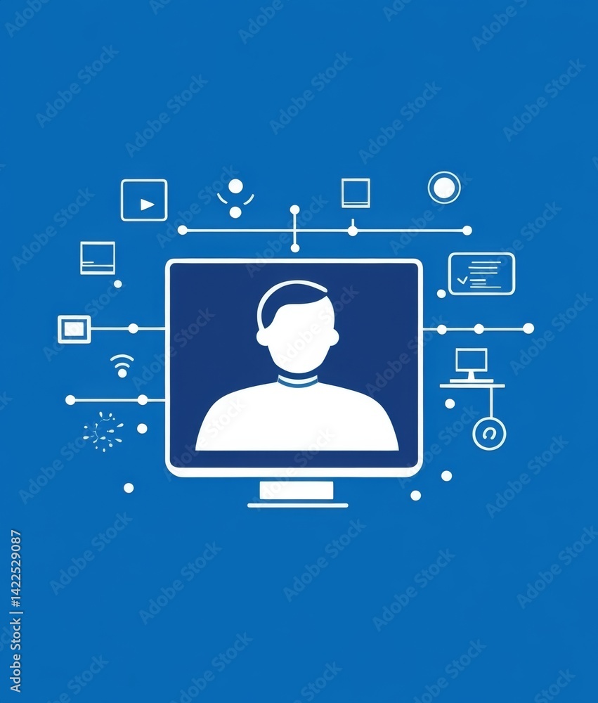 Poster an online video conference icon, featuring a person in front of their computer screen with network c