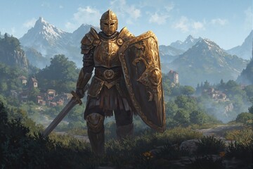 Naklejka premium pixel art of golden legendary paladin,retro,fantasy,rpg,church,holy,warrior