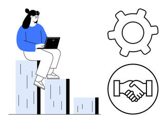Woman sitting on bar chart working on laptop, beside gear and handshake icons. Ideal for teamwork, progress, productivity, empowerment, innovation, business growth partnerships. Flat simple metaphor